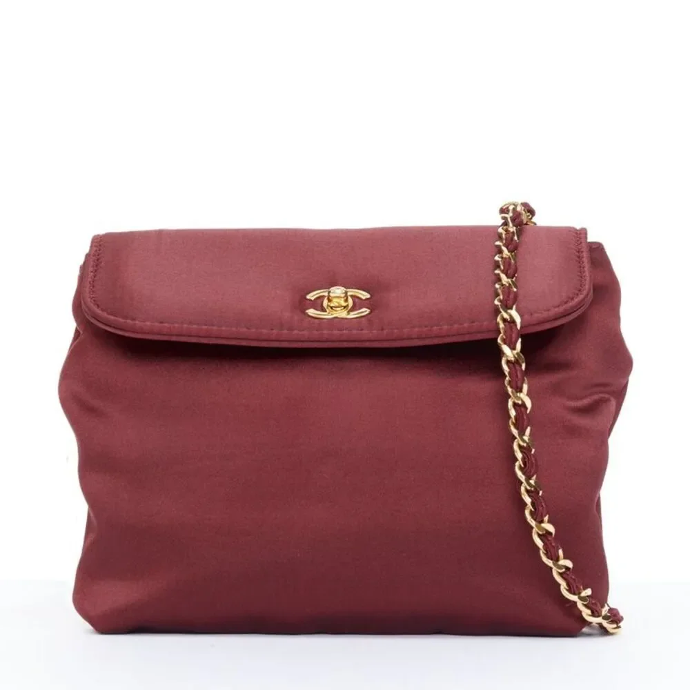 CHANEL 1990 Vintage burgundy satin envelope CC turnlock chain shoulder bag
